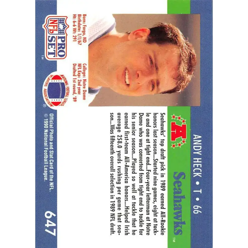 1990 Pro Set #647 Andy Heck NM-MT Seattle Seahawks Football Card - Football Card Single