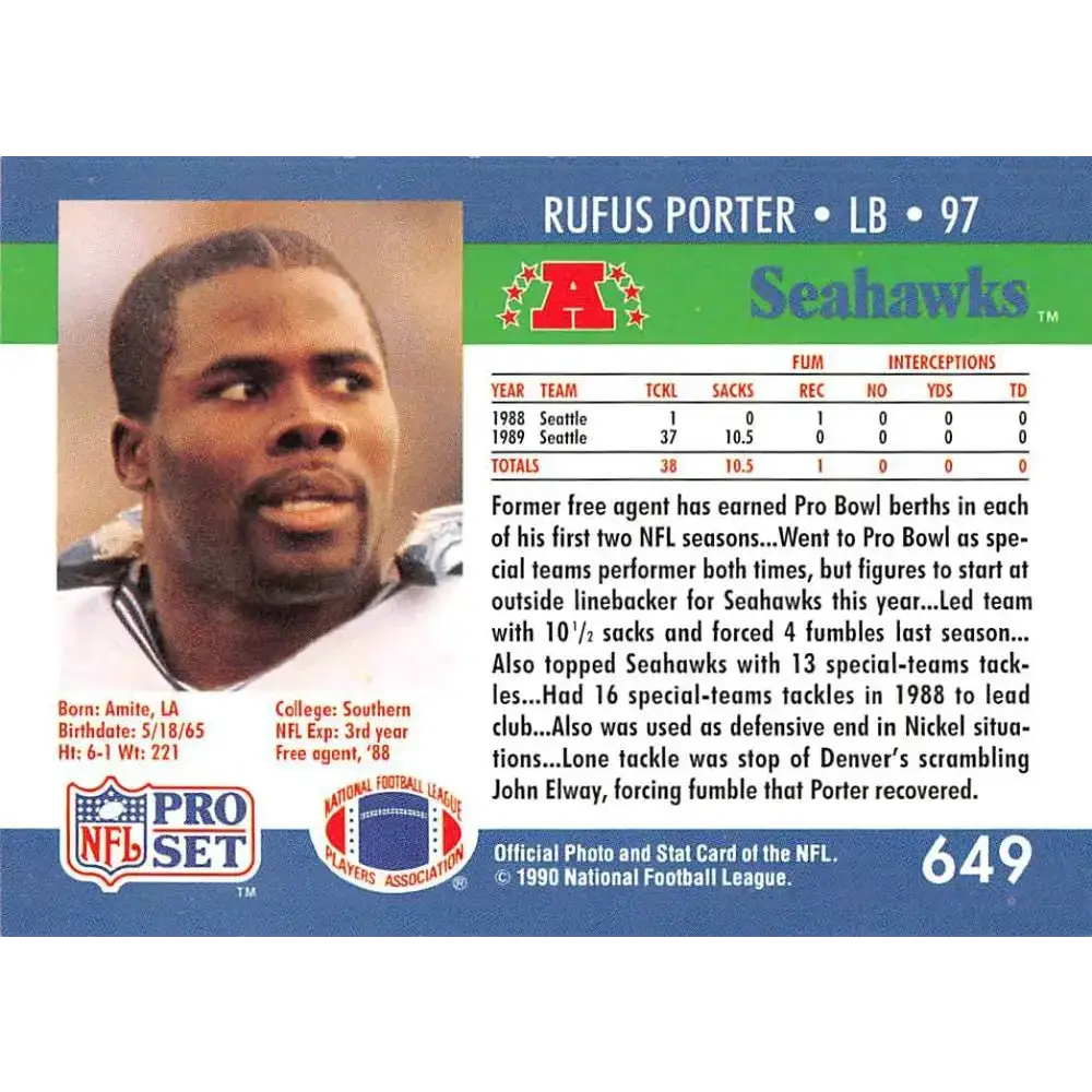 1990 Pro Set #649 Rufus Porter NM-MT Seattle Seahawks Football Card - Football Card Single