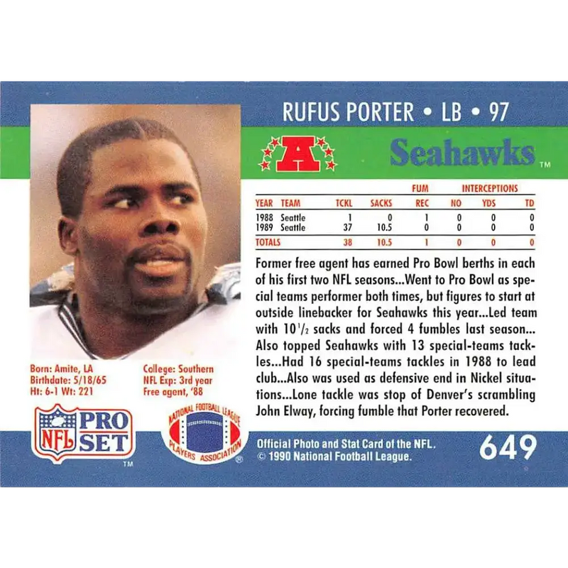 1990 Pro Set #649 Rufus Porter NM-MT Seattle Seahawks Football Card - Football Card Single
