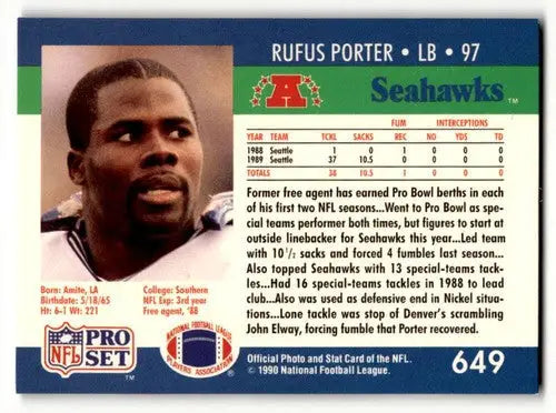Original gloss Rufus Porter football card featuring Seattle Seahawks collectible from 1990 Pro Set