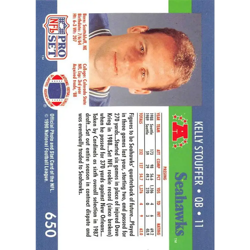 1990 Pro Set #650 Kelly Stouffer NM-MT Seattle Seahawks Football Card - Football Card Single