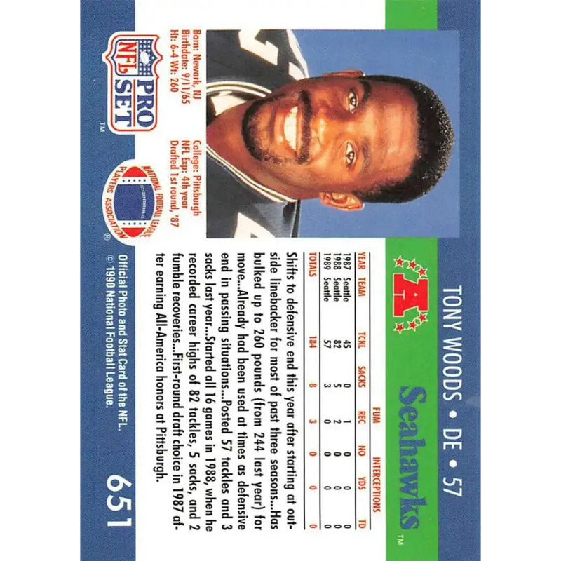 1990 Pro Set #651 Tony Woods NM-MT Seattle Seahawks Football Card - Football Card Single