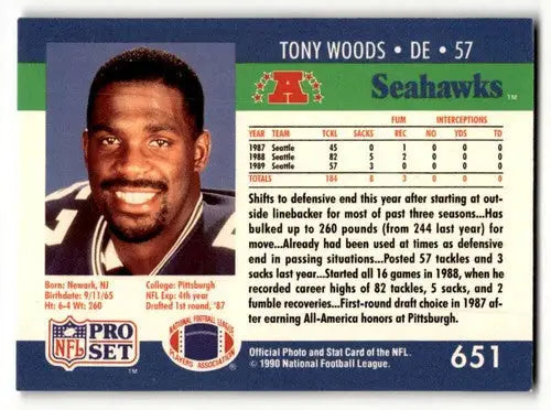 Original gloss football trading card of Tony Woods from Seattle Seahawks 1990 Pro Set