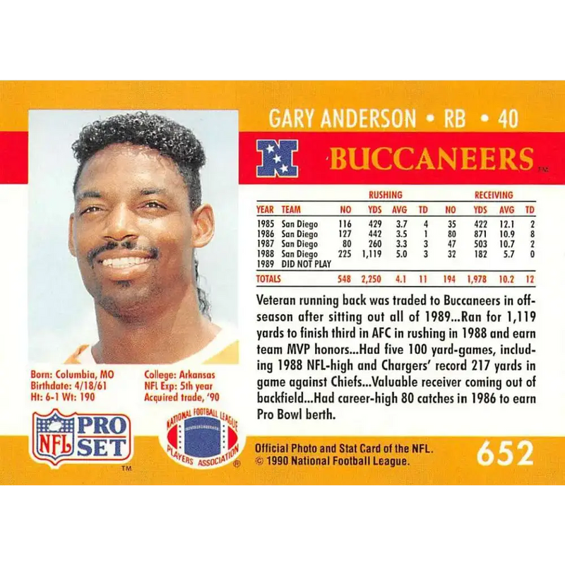 1990 Pro Set #652 Gary Anderson NM-MT Tampa Bay Buccaneers Football Card - Football Card Single