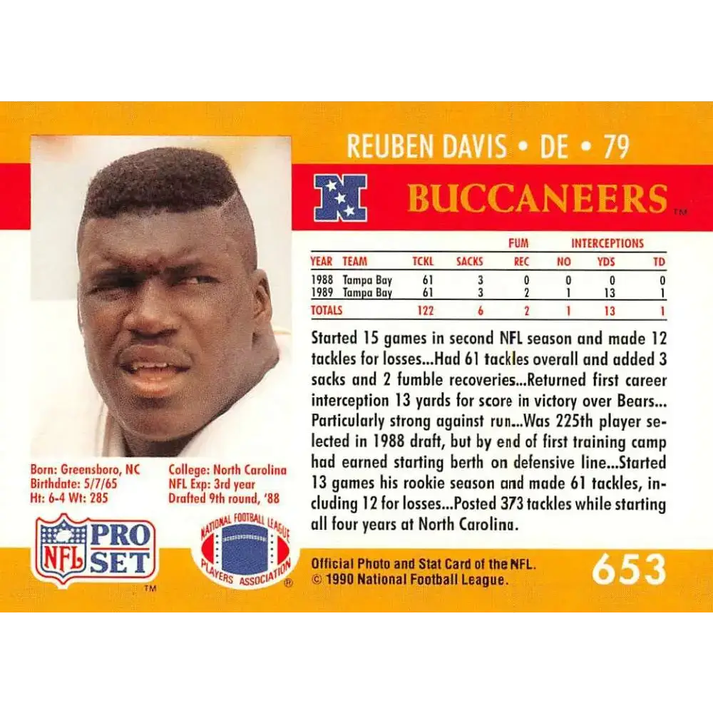 1990 Pro Set #653 Reuben Davis NM-MT RC Rookie Tampa Bay Buccaneers Football Card - Football Card Single