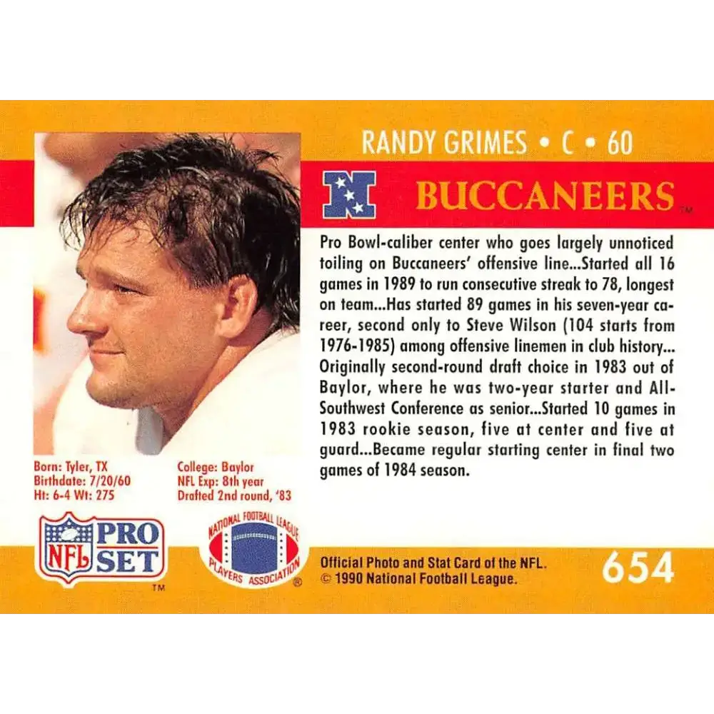 1990 Pro Set #654 Randy Grimes NM-MT Tampa Bay Buccaneers Football Card - Football Card Single