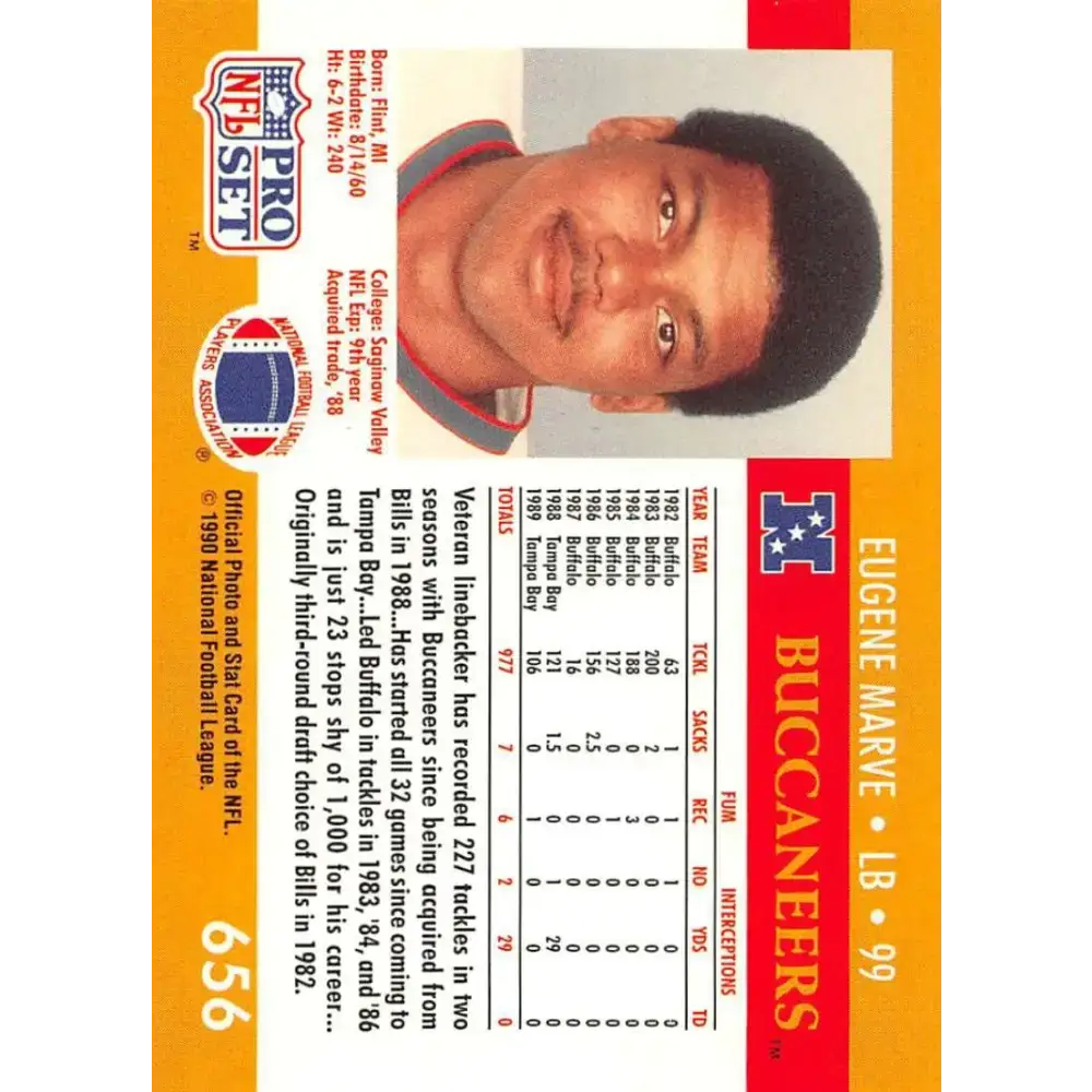 1990 Pro Set #656 Eugene Marve NM-MT Tampa Bay Buccaneers Football Card - Football Card Single