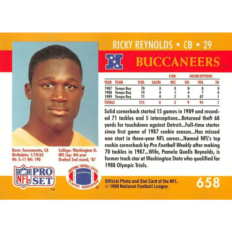 1990 Pro Set #658 Ricky Reynolds NM-MT Tampa Bay Buccaneers Football Card - Football Card Single
