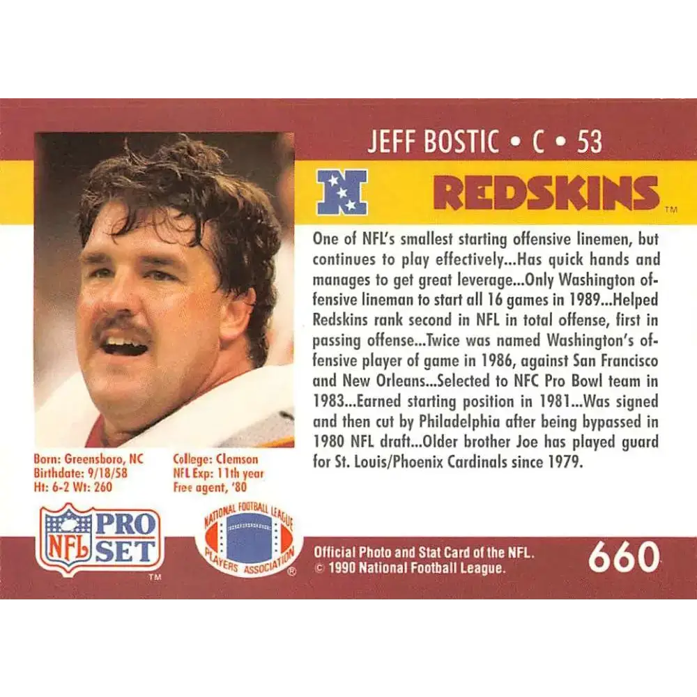 1990 Pro Set #660 Jeff Bostic NM-MT Washington Redskins Football Card - Football Card Single