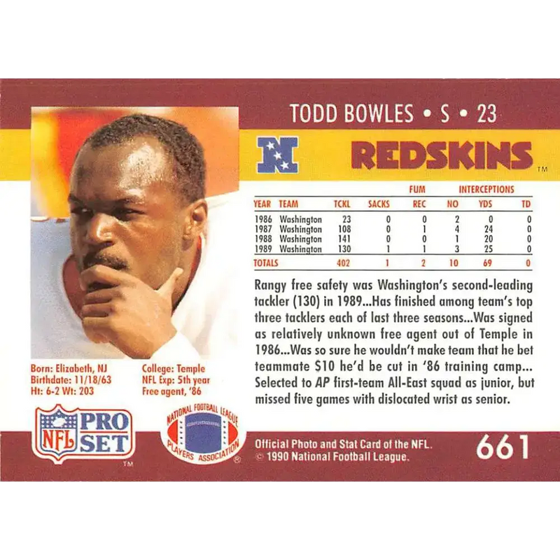 1990 Pro Set #661 Todd Bowles NM-MT RC Rookie Washington Redskins Football Card - Football Card Single