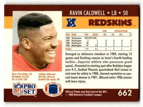 Original gloss Ravin Caldwell Washington Redskins football card from 1990 Pro Set