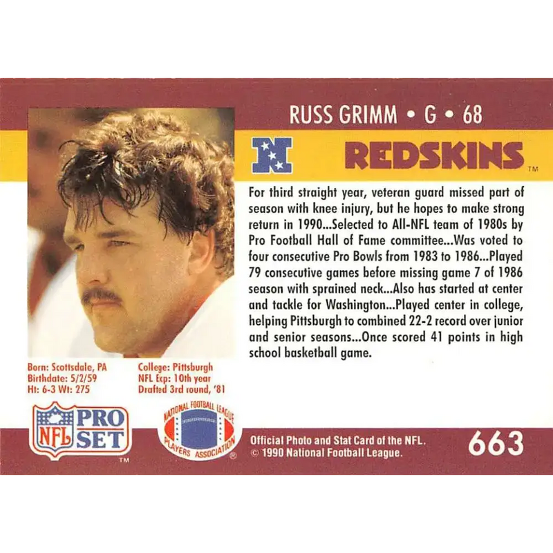 1990 Pro Set #663 Russ Grimm NM-MT Washington Redskins Football Card - Football Card Single