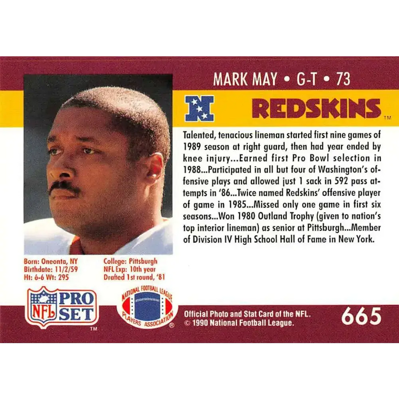 1990 Pro Set #665 Mark May NM-MT Washington Redskins Football Card - Football Card Single
