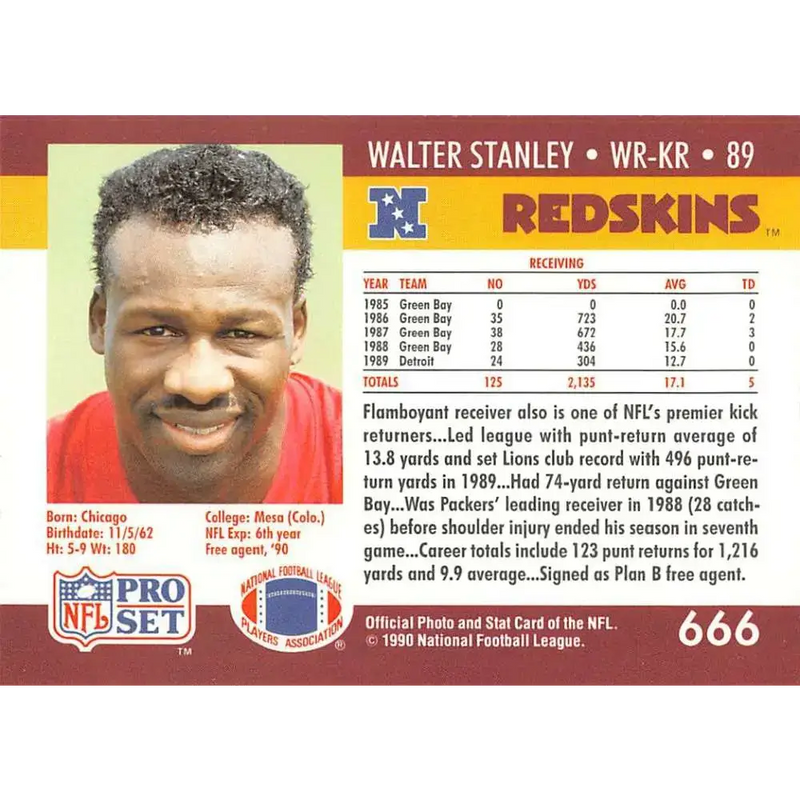 1990 Pro Set #666 Walter Stanley NM-MT Washington Redskins Football Card - Football Card Single