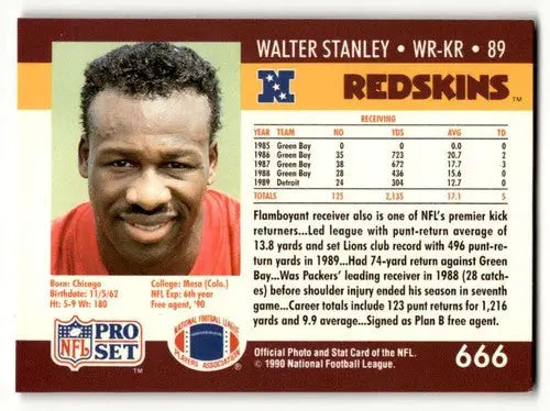 Original gloss Walter Stanley football card from 1990 Pro Set Washington Redskins