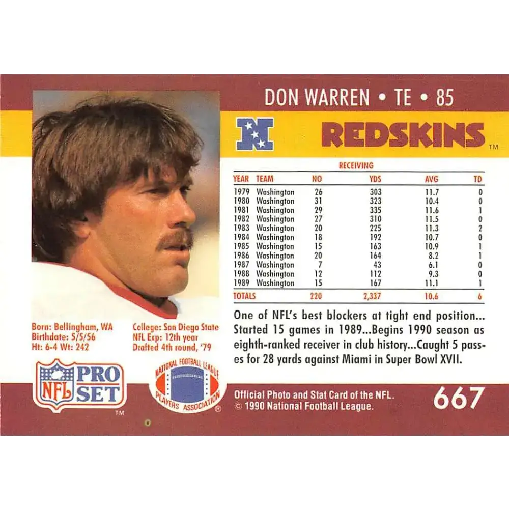 1990 Pro Set #667 Don Warren NM-MT Washington Redskins Football Card - Football Card Single