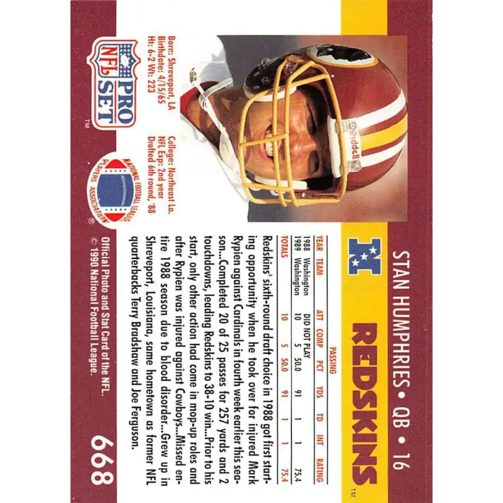 1990 Pro Set #668 Stan Humphries NM-MT RC Rookie Washington Redskins Football Card - Football Card Single