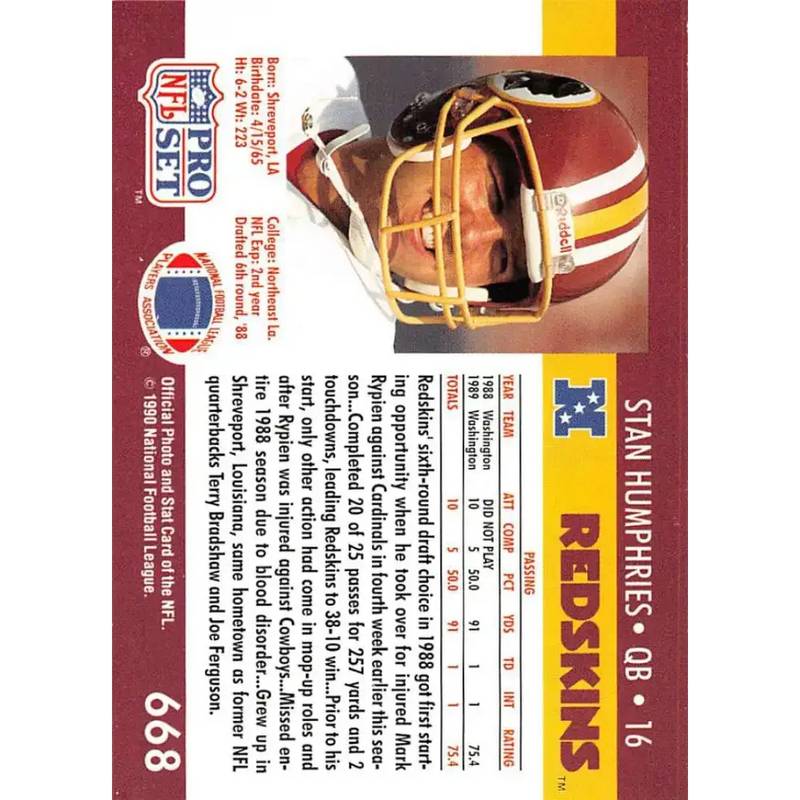 1990 Pro Set #668 Stan Humphries NM-MT RC Rookie Washington Redskins Football Card - Football Card Single