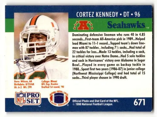 Original gloss 1990 Pro Set Cortez Kennedy Seattle Seahawks football card image