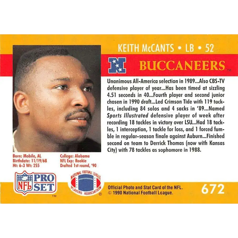 1990 Pro Set #672 Keith McCants NM-MT RC Rookie Tampa Bay Buccaneers Football Card - Football Card Single