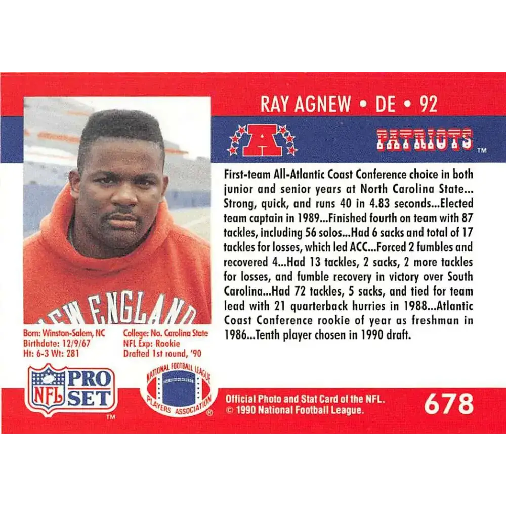 1990 Pro Set #678 Ray Agnew NM-MT RC Rookie New England Patriots Football Card - Football Card Single