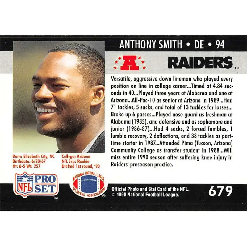 1990 Pro Set #679 Anthony Smith NM-MT RC Rookie Los Angeles Raiders Football Card - Football Card Single