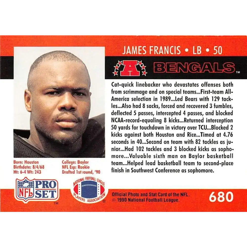 1990 Pro Set #680 James Francis NM-MT RC Rookie Cincinnati Bengals Football Card - Football Card Single