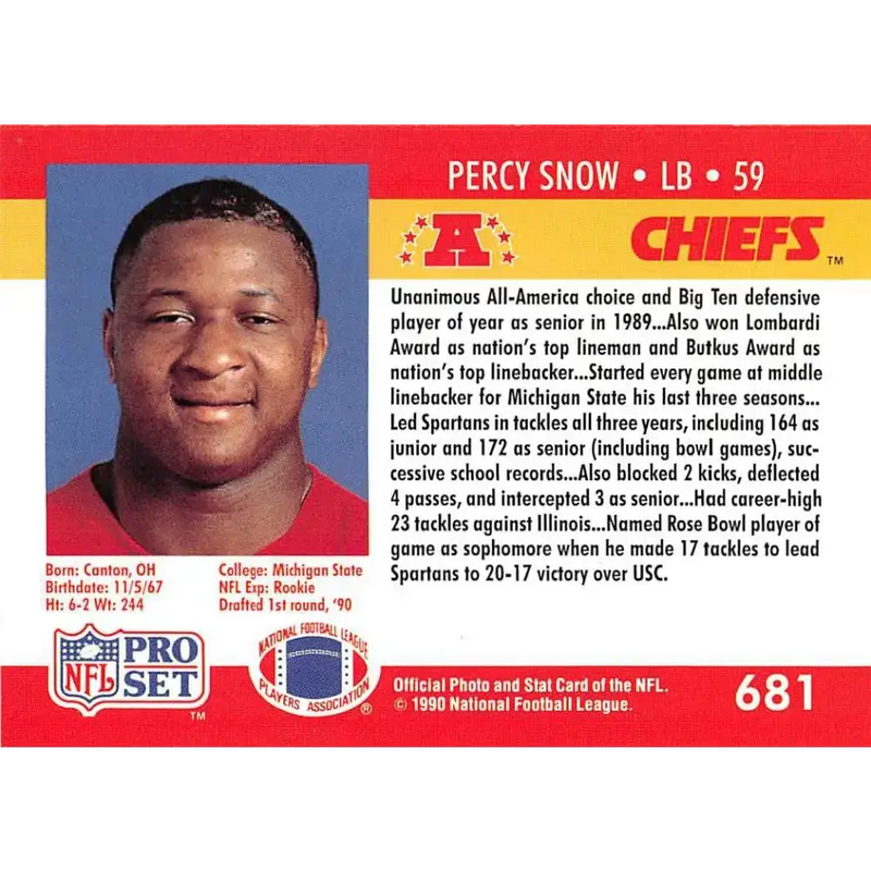 1990 Pro Set #681 Percy Snow NM-MT Kansas City Chiefs Football Card - Football Card Single