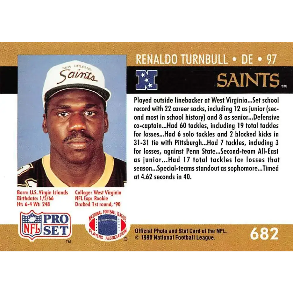 1990 Pro Set #682 Renaldo Turnbull NM-MT RC Rookie New Orleans Saints Football Card - Football Card Single