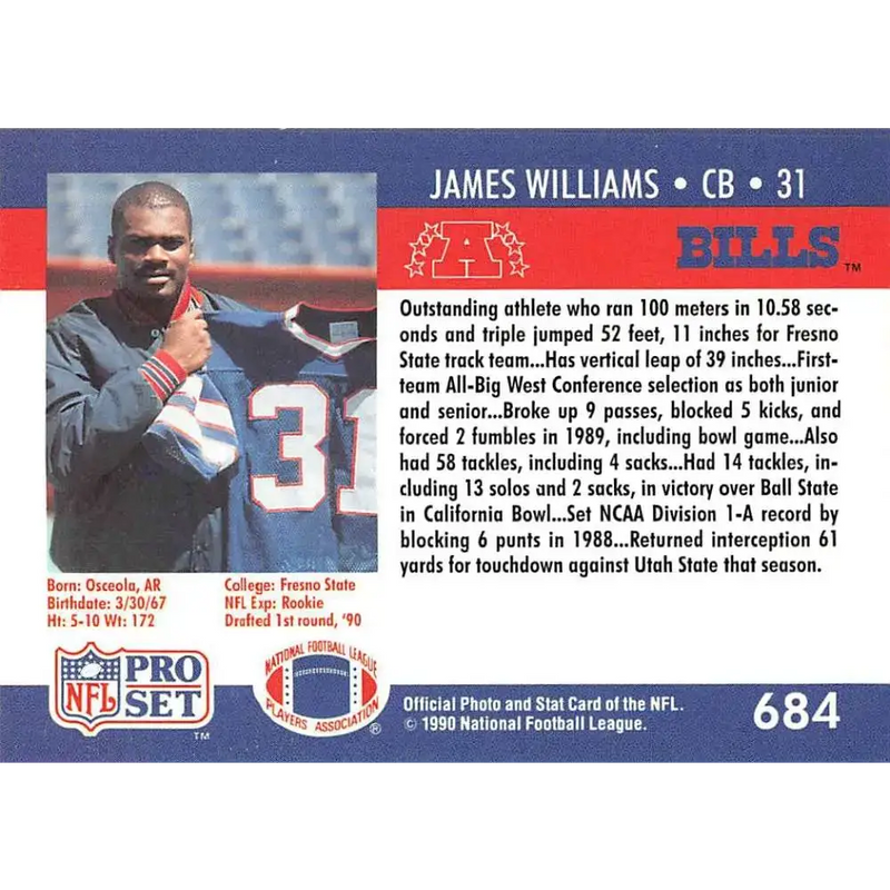 1990 Pro Set #684 James Williams NM-MT RC Rookie Buffalo Bills Football Card - Football Card Single