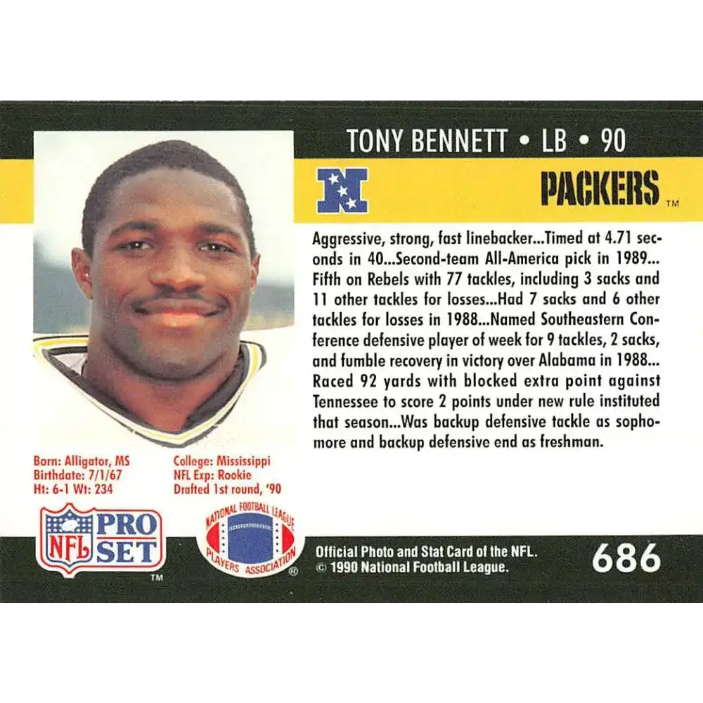 1990 Pro Set #686 Tony Bennett NM-MT RC Rookie Green Bay Packers Football Card - Football Card Single