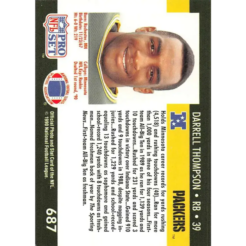 1990 Pro Set #687 Darrell Thompson NM-MT RC Rookie Green Bay Packers Football Card - Football Card Single