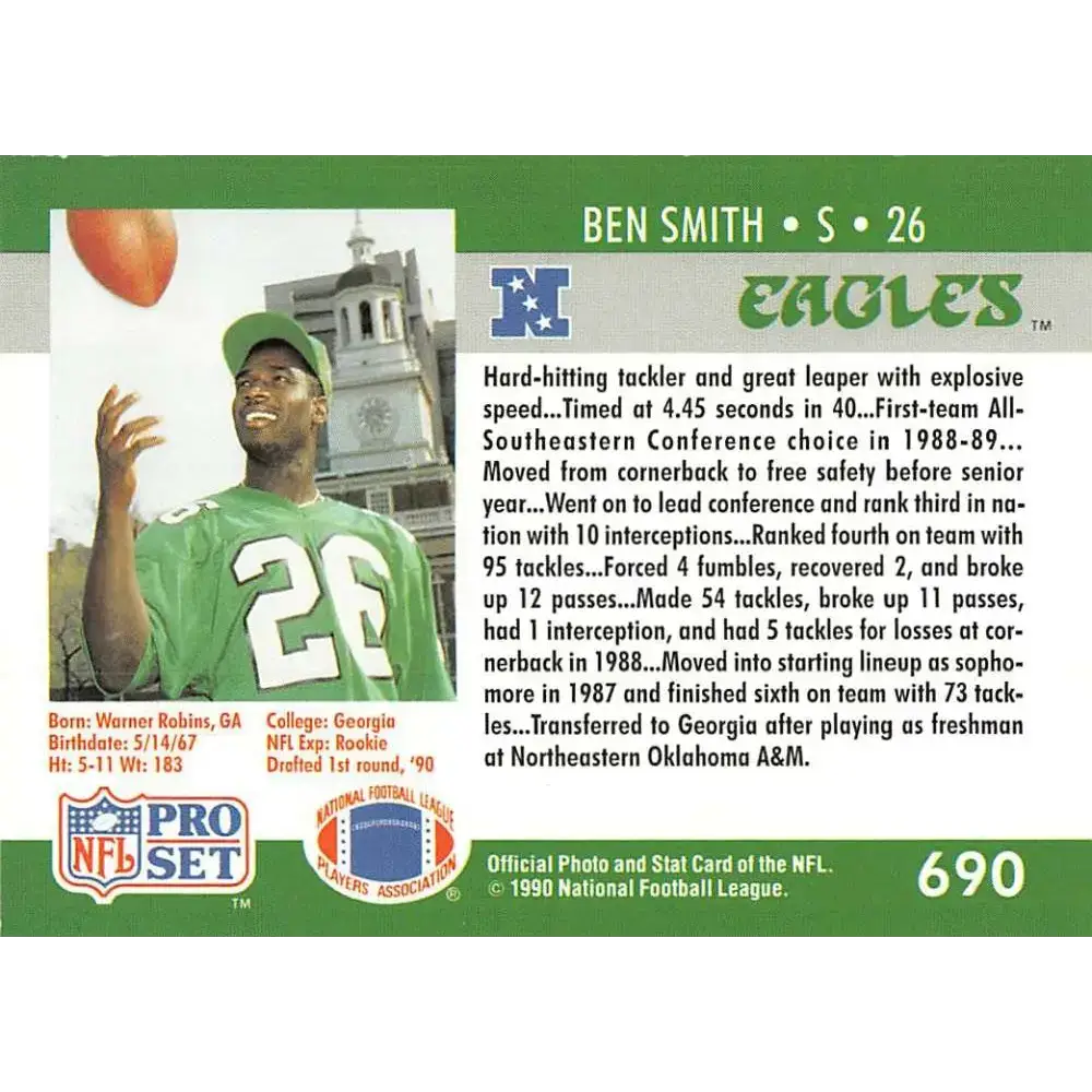 1990 Pro Set #690 Ben Smith NM-MT RC Rookie Philadelphia Eagles Football Card - Football Card Single