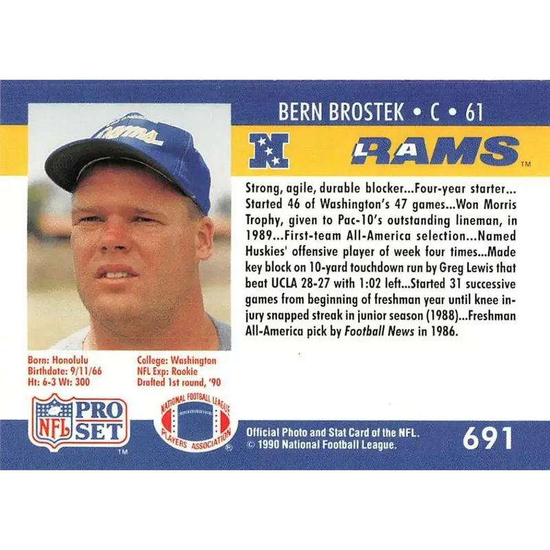 1990 Pro Set #691 Bern Brostek NM-MT RC Rookie Los Angeles Rams Football Card - Football Card Single