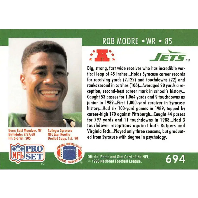 1990 Pro Set #694 Rob Moore NM-MT RC Rookie New York Jets Football Card - Football Card Single
