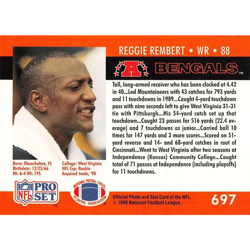 1990 Pro Set #697 Reggie Rembert NM-MT RC Rookie Cincinnati Bengals Football Card - Football Card Single