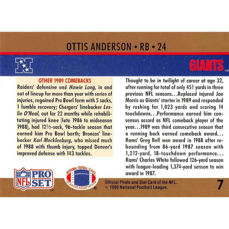 1990 Pro Set #7 Ottis Anderson NM-MT New York Giants Football Card - Football Card Single
