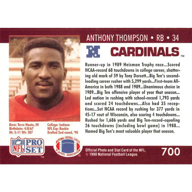 1990 Pro Set #700 Anthony Thompson NM-MT Phoenix Cardinals Football Card - Football Card Single