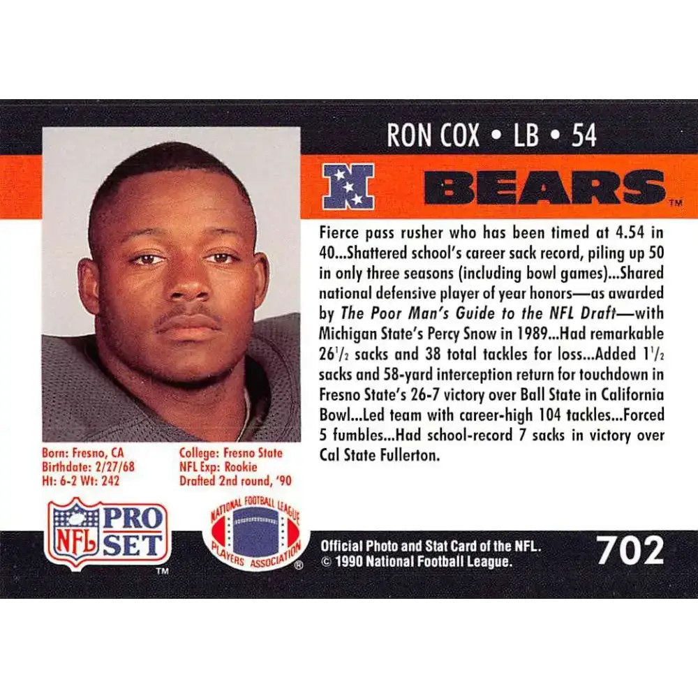 1990 Pro Set #702 Ron Cox NM-MT RC Rookie Chicago Bears Football Card - Football Card Single
