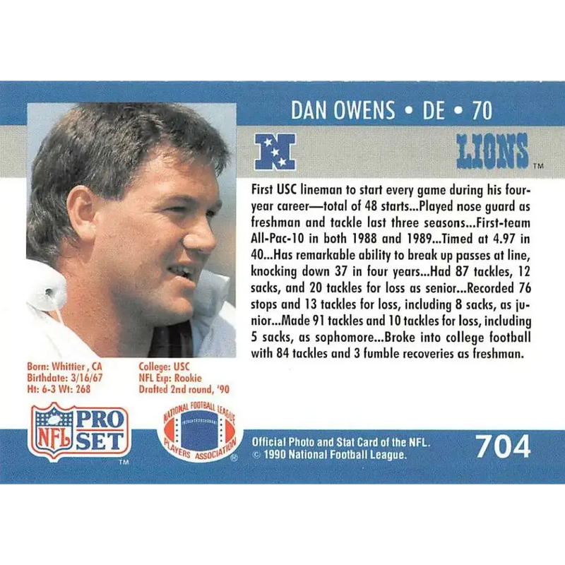 1990 Pro Set #704 Dan Owens NM-MT RC Rookie Detroit Lions Football Card - Football Card Single