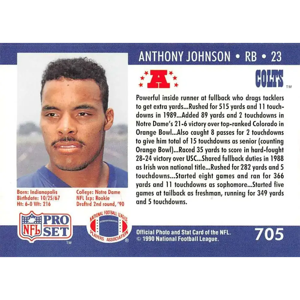 1990 Pro Set #705 Anthony Johnson NM-MT RC Rookie Indianapolis Colts Football Card - Football Card Single