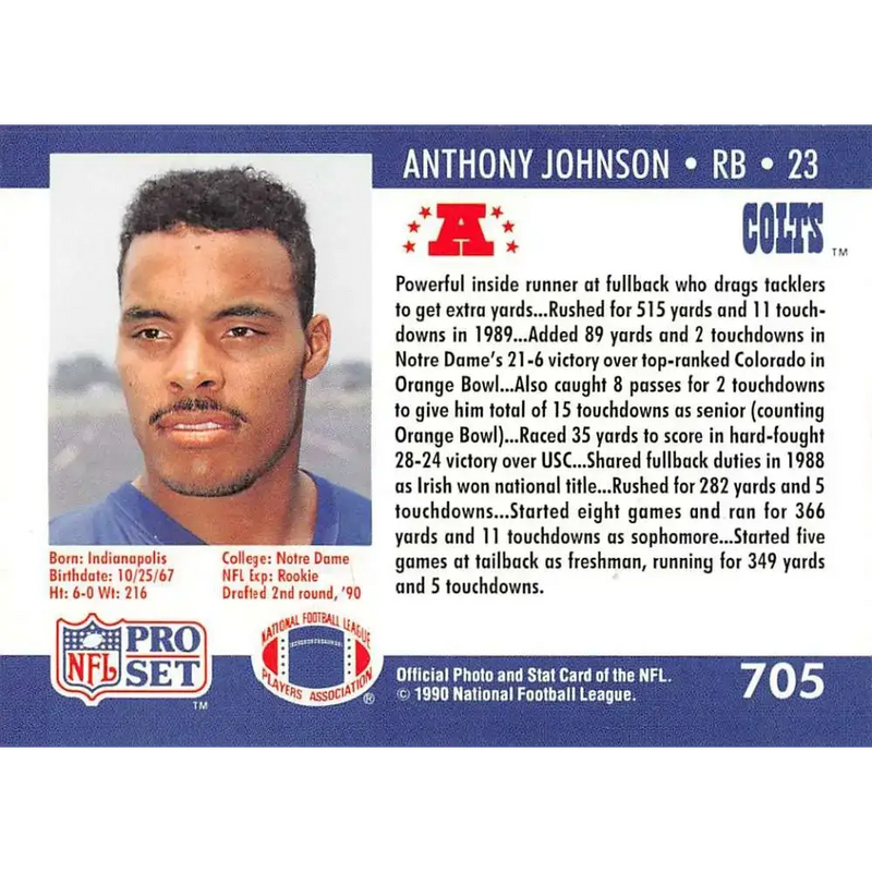 1990 Pro Set #705 Anthony Johnson NM-MT RC Rookie Indianapolis Colts Football Card - Football Card Single