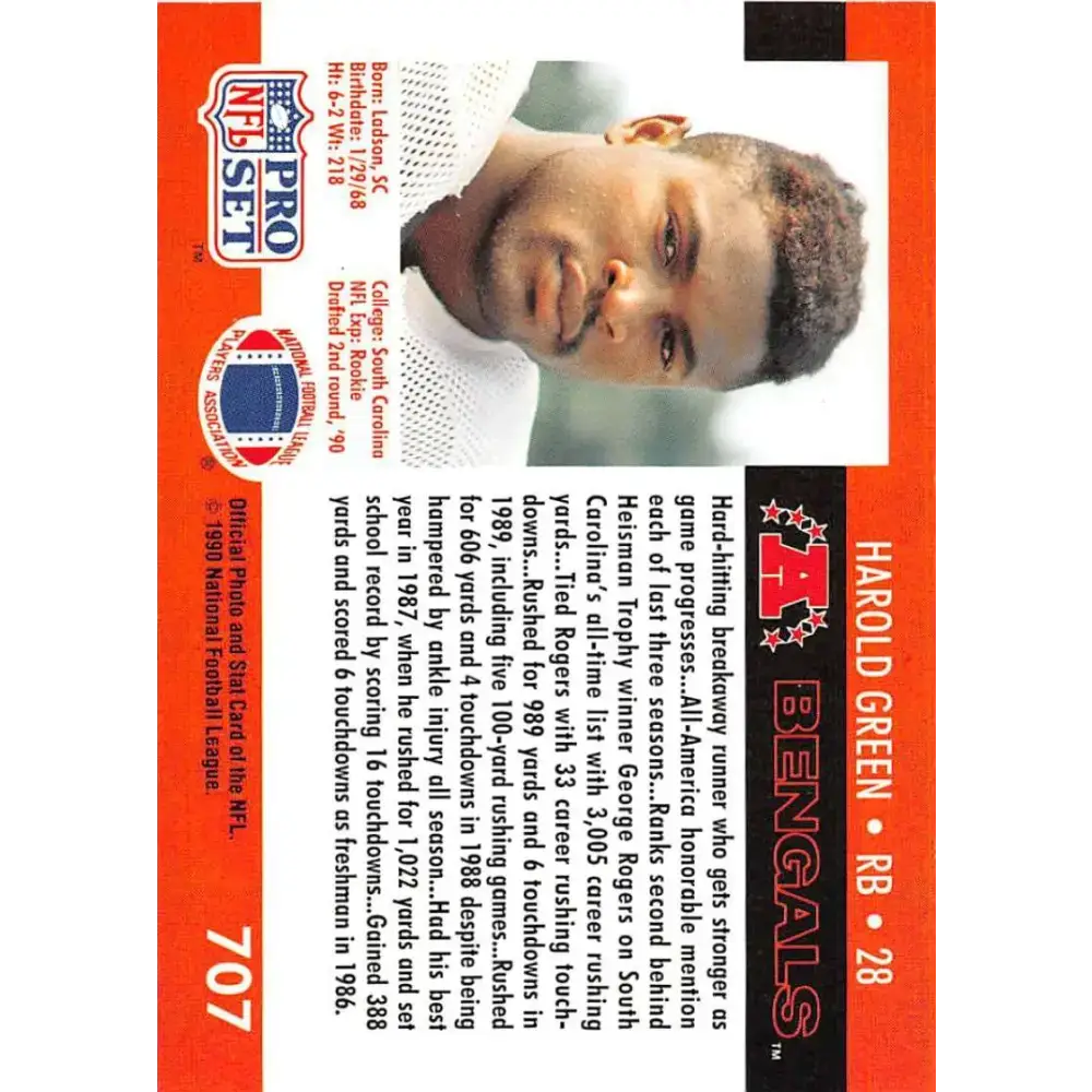 1990 Pro Set #707 Harold Green NM-MT RC Rookie Cincinnati Bengals Football Card - Football Card Single
