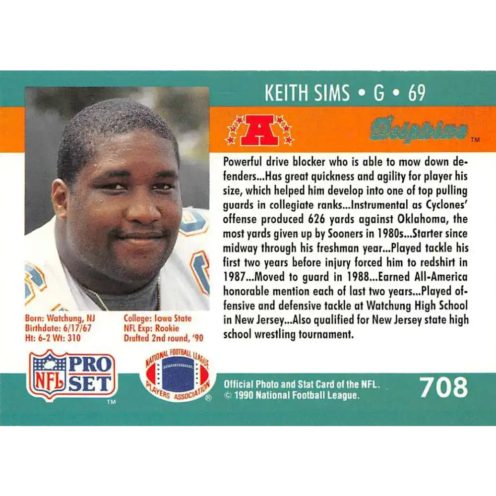 1990 Pro Set #708 Keith Sims NM-MT RC Rookie Miami Dolphins Football Card - Football Card Single