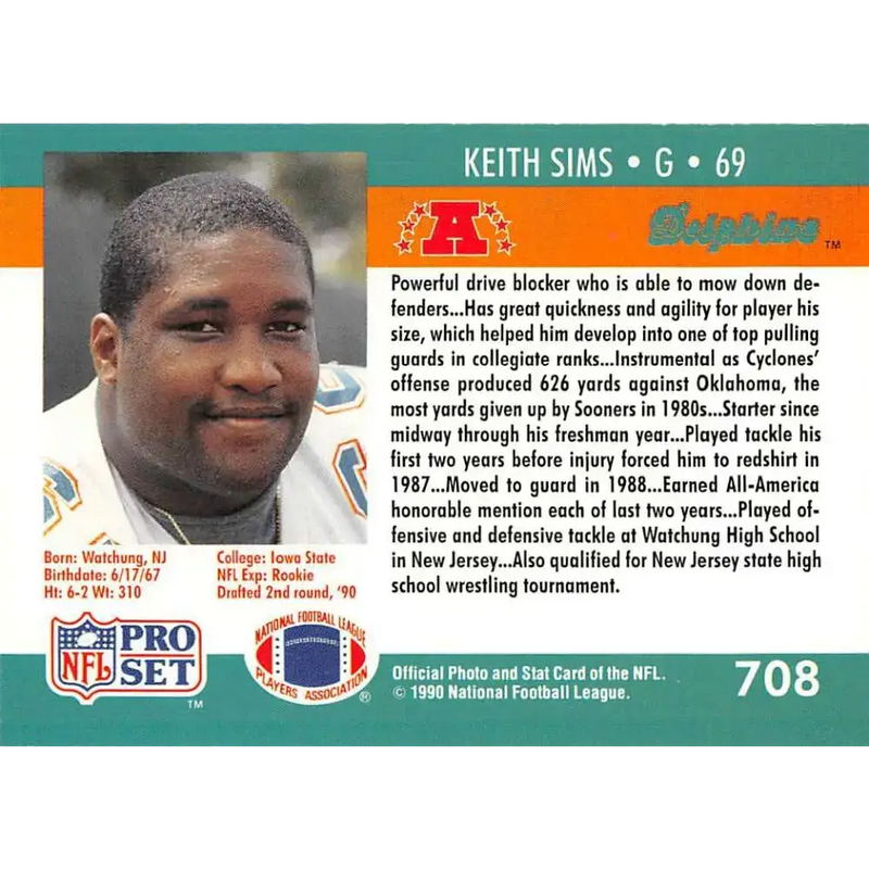 1990 Pro Set #708 Keith Sims NM-MT RC Rookie Miami Dolphins Football Card - Football Card Single