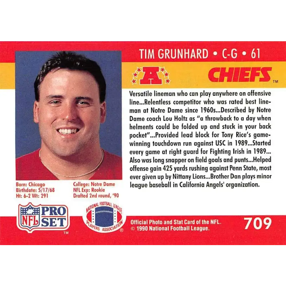 1990 Pro Set #709 Tim Grunhard NM-MT RC Rookie Kansas City Chiefs Football Card - Football Card Single
