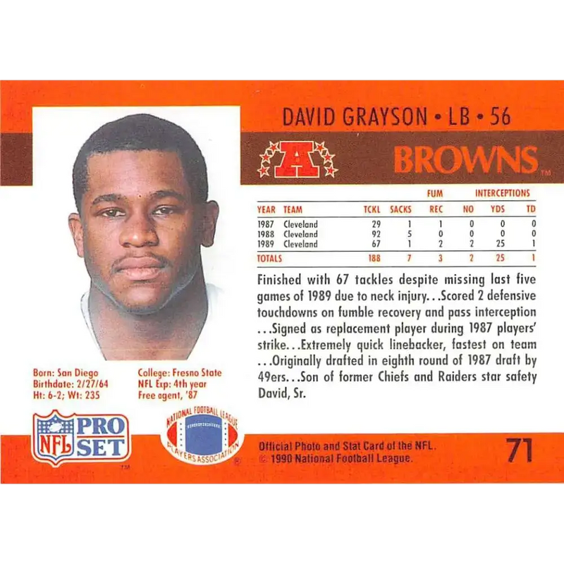 1990 Pro Set #71 David Grayson NM-MT Cleveland Browns Football Card - Football Card Single