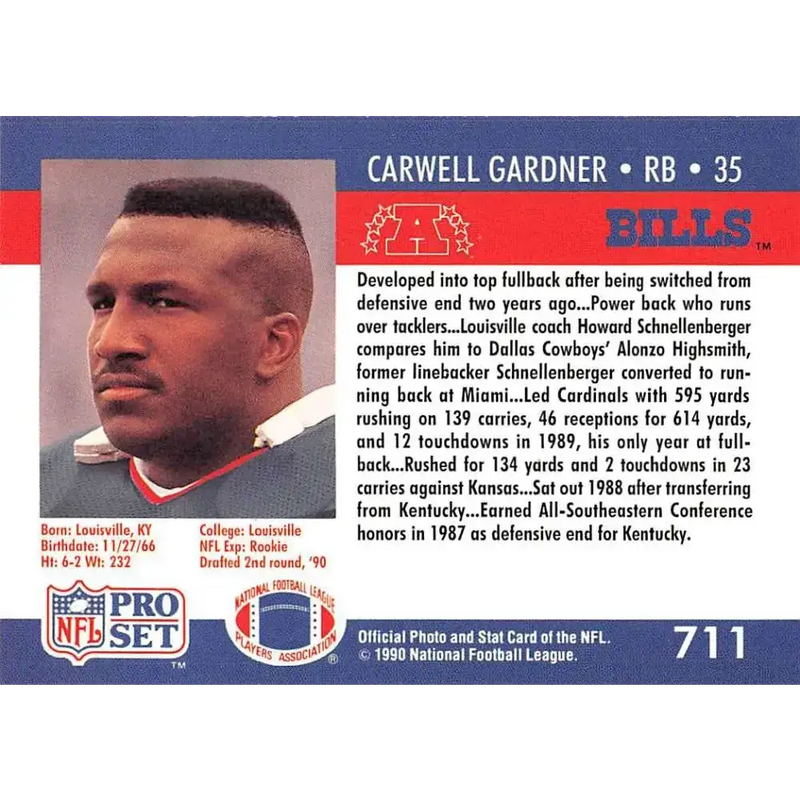 1990 Pro Set #711 Carwell Gardner NM-MT RC Rookie Buffalo Bills Football Card - Football Card Single