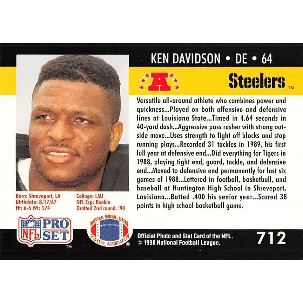 1990 Pro Set #712 Kenny Davidson NM-MT RC Rookie Pittsburgh Steelers Football Card - Football Card Single