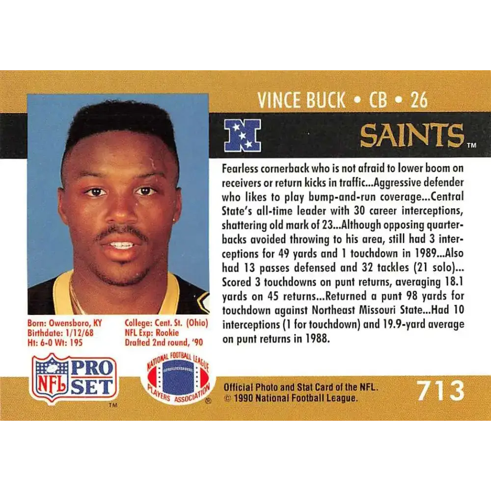 1990 Pro Set #713 Vince Buck NM-MT RC Rookie New Orleans Saints Football Card - Football Card Single